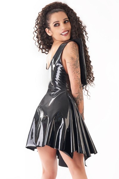 schwarzes, kurzes PVC-Kleid mit silbernen Druckknöpfen-Copy