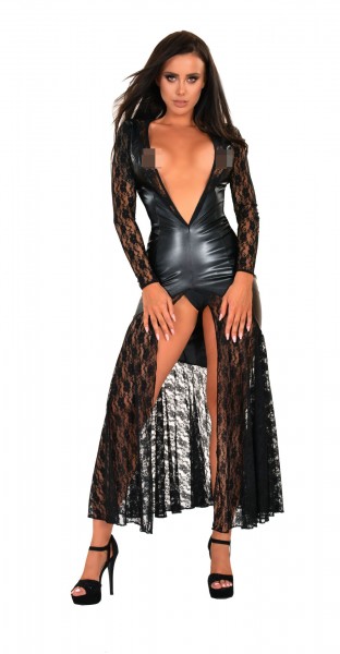 Wetlook-Kleid mit Netzärmeln und tiefem Ausschnitt