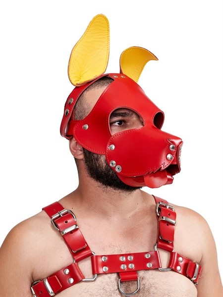 Leder Hundemaske mit geknickten Ohren rot/gelb