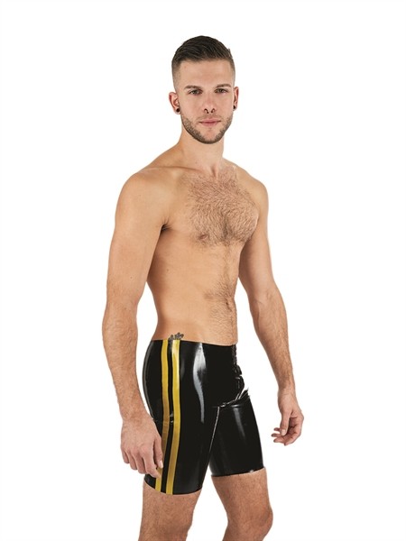 Latex Shorts 'Fucker' - schwarz/gelb