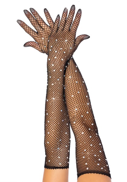 Handschuhe ellenbogenlang aus Netz mit Strasssteinen