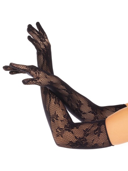 Mesh gloves with floral pattern in opera length