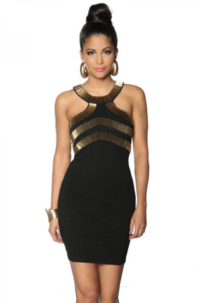 Club dress with sophisticated decor made of golden tubes