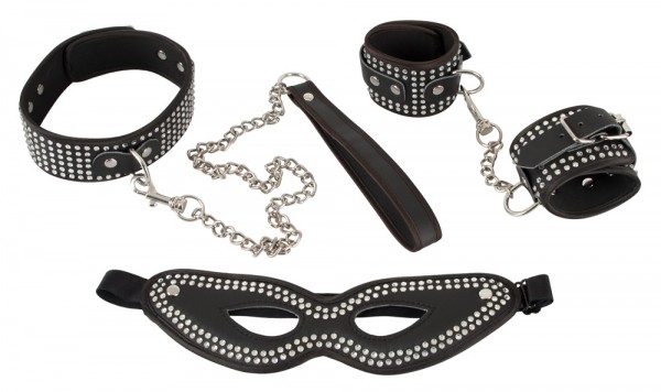 Bondage-Set Handschellen, Maske, Halsband mit Strass verziert