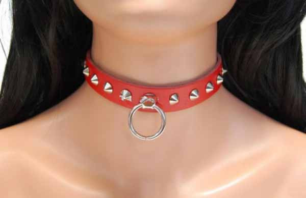 Leather collar with O-ring and pointed studs red