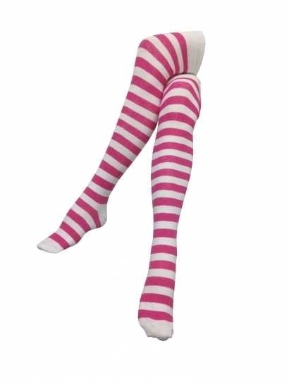 Pink and white striped over-the-knee socks