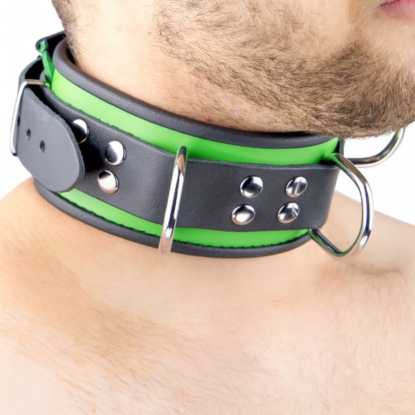 Leder-Halsfessel mit 3 D-Ringen und Kontrastfarbe - grün