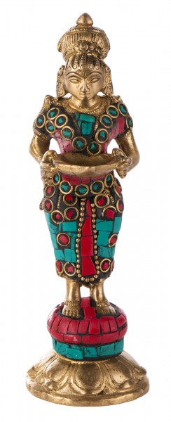 Lakshmi, stehend, ca. 14 cm hoch aus Messing mit Steinen