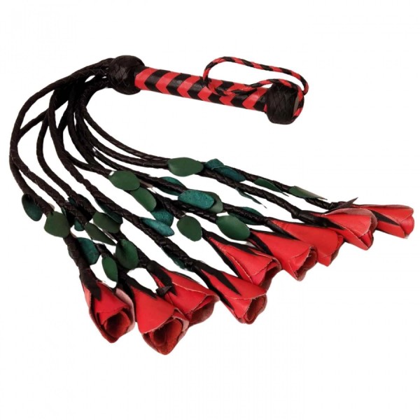 Leather Whip Flogger Black Red with 9 Roses