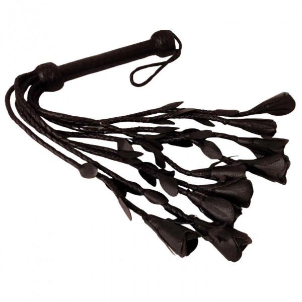 Leather Whip Flogger Black with 9 Roses