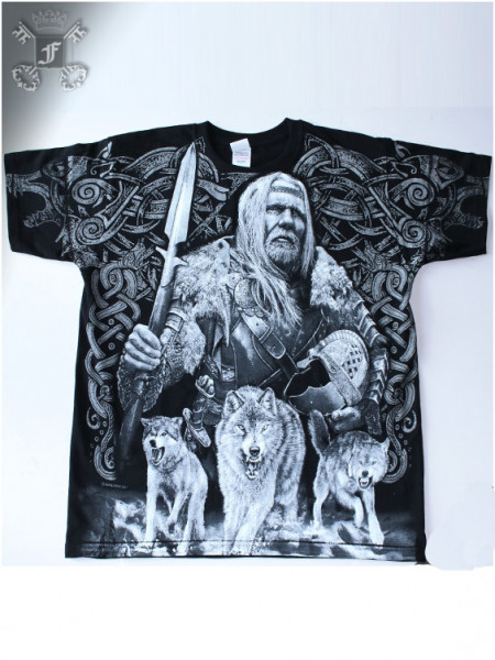 T-Shirt mit Vikinger- und Wolf-Print