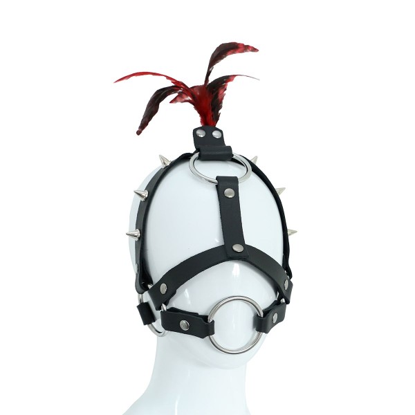 Leather Head Harness with Spikes and Feather