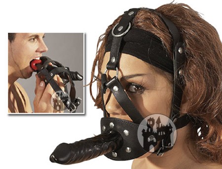 Head harness with gag and external dildo