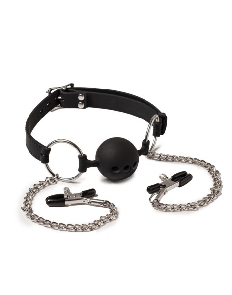 Ball gag with testicles and nipple clamps