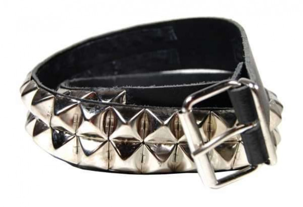 Leather belt with two rows of pyramid studs