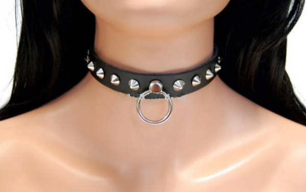 Leather collar with O-ring and spike studs