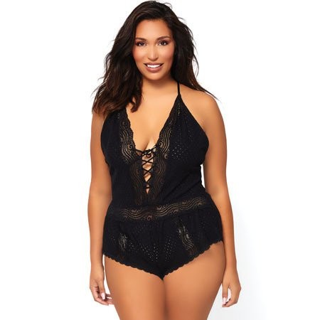 Romper with lace and lacing